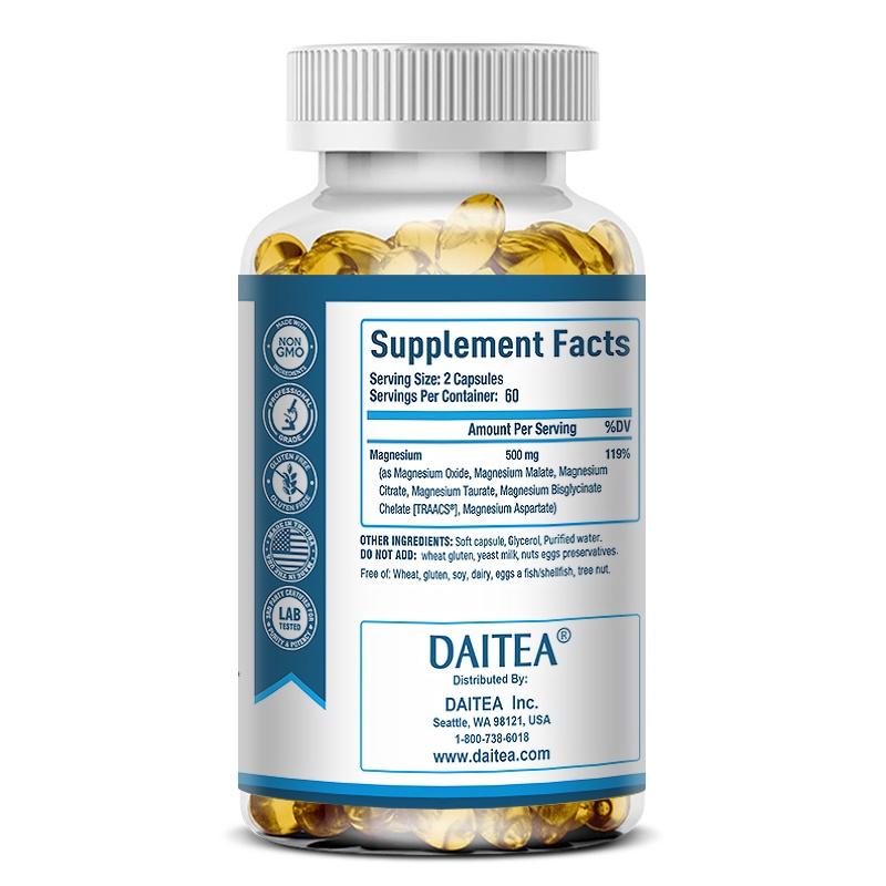 Daitea Magnesium Complex Supplement 500mg, 6 Elemental Types, Maximum Absorption, Oxide, Malate, Citrate, Taurate, Bisglycinate TRAACS, 120 Caps