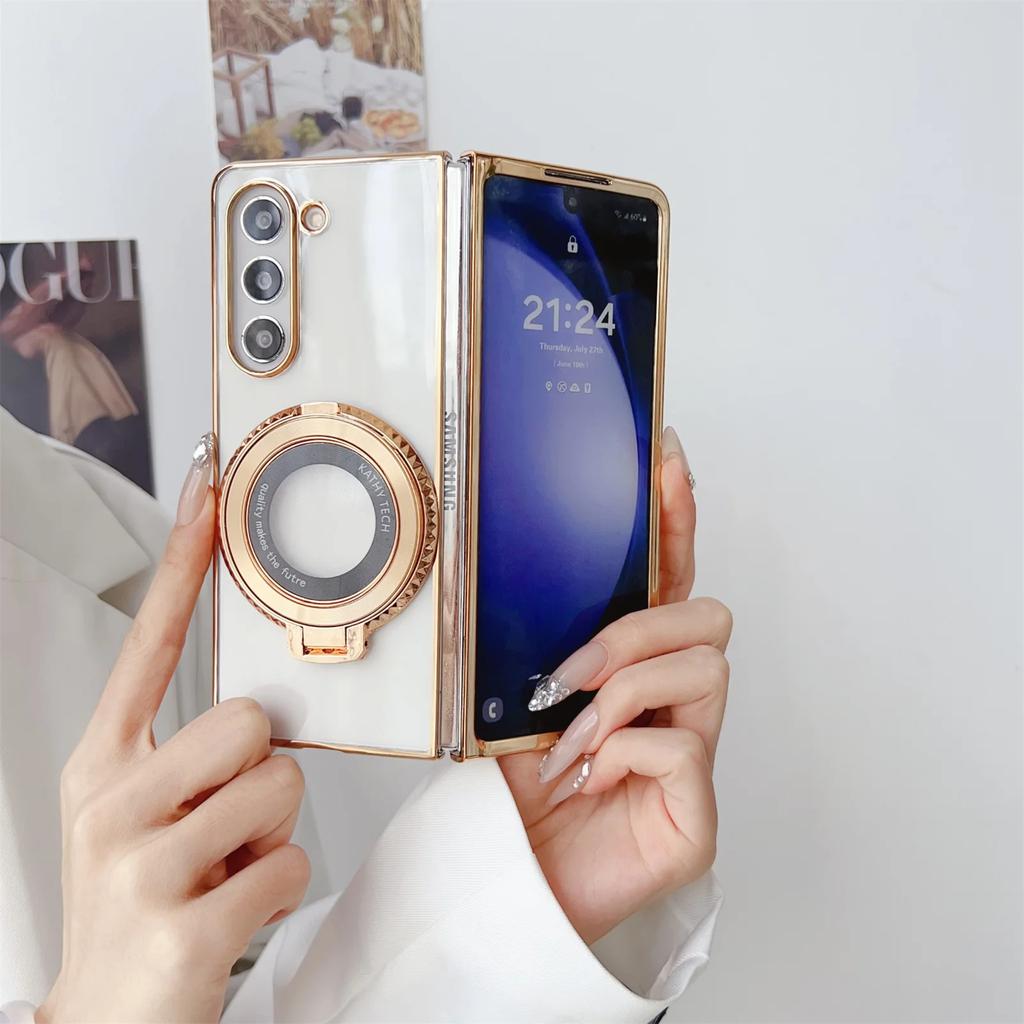 360° Magnetic Ring Holder Kickstand Plating Clear Phone Case for Samsung Galaxy Z Fold 5 4 3 Fold5 Fold4 Fold3 5G Cover