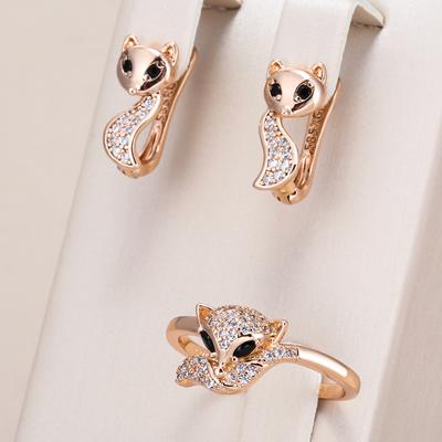 Niedliche Fuchs Ohrringe Ring Sets für Frauen Mode Roségold Farbe Natürlicher Zirkon Accessoires Tier Kind Schmucksets