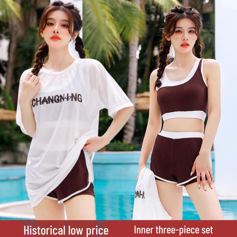 Women's Three-Piece Bikini: Loose, Long, Conservative Style for Teens, Featuring Belly Coverage and Slimming Effect, Perfect for Hot Springs.