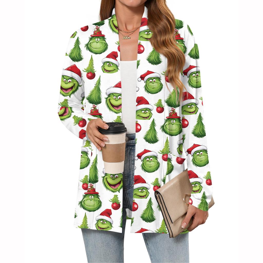 Women's Christmas Printed Lightweight Cardigan Long Sleeved Casual Loose Thin Fit With Pockets Cardigan Jacket