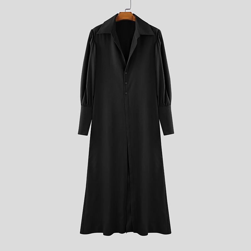 INCERUN Men Lapel Collar Long Puff Sleeve Buttons High Splits Long Shirts