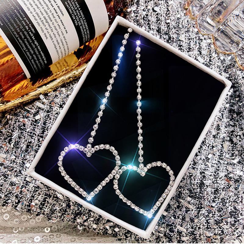 Long Luxury Rhinestone Earrings For Women Big Heart Crystal Simple Korean Statement Dangle Wedding Earring Jewelry Party