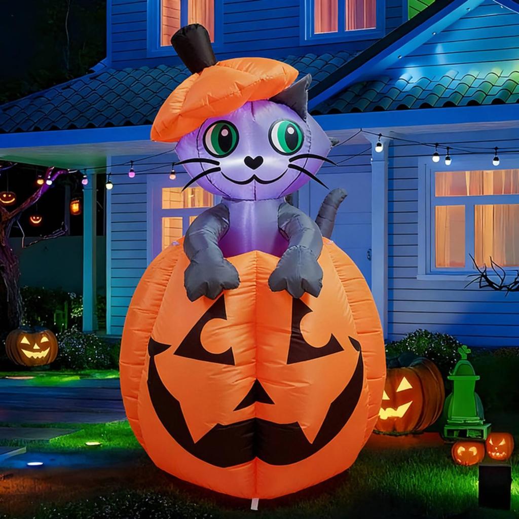 Cat In Pumpkin Outdoor Inflatable with Cute Halloween Yard Decoration for