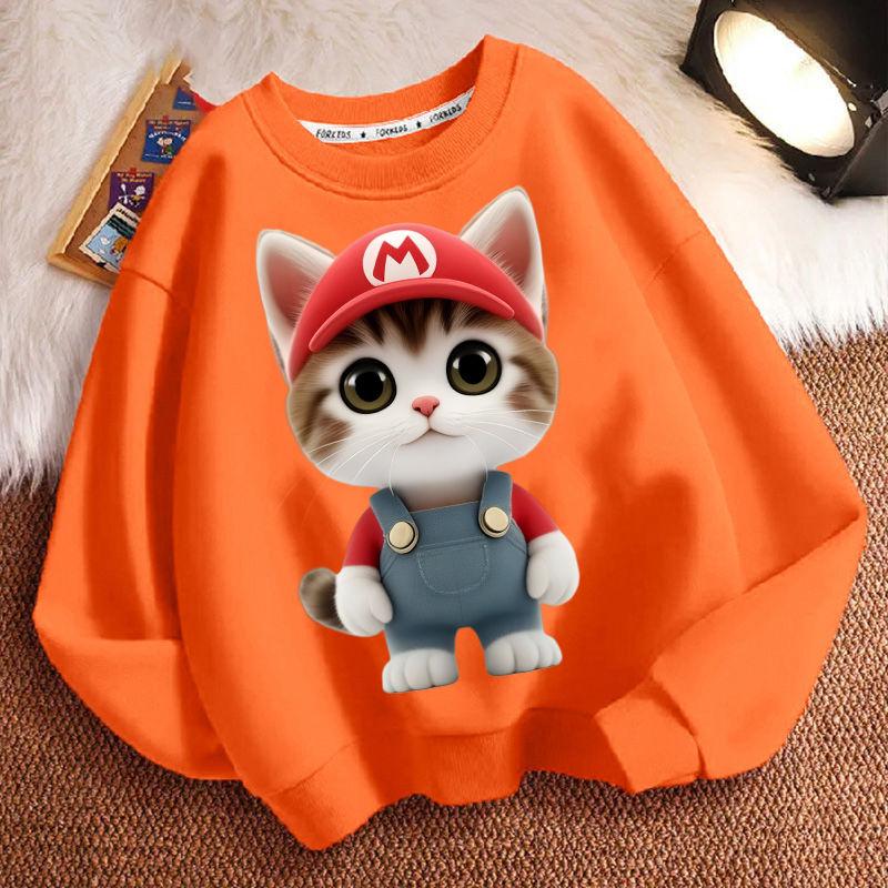 Cute Cat Round-neck Sweatshirt for Children, Long-sleeved Casual Sweatshirt for Boys and Girls in Spring and Autumn