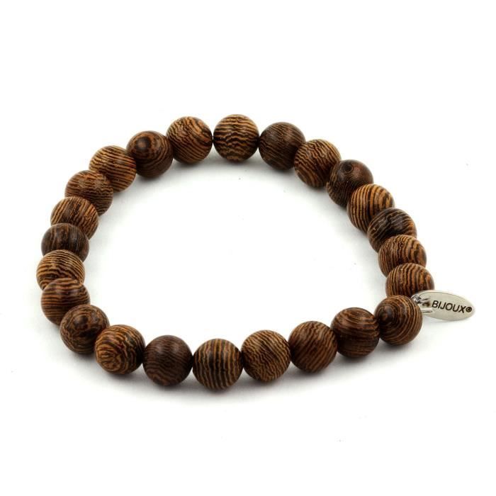 Bracelet - ABIJOUX - Perles bois naturel 8 mm - Longueur 19-20 cm - Mixte - Fabriqué en France
