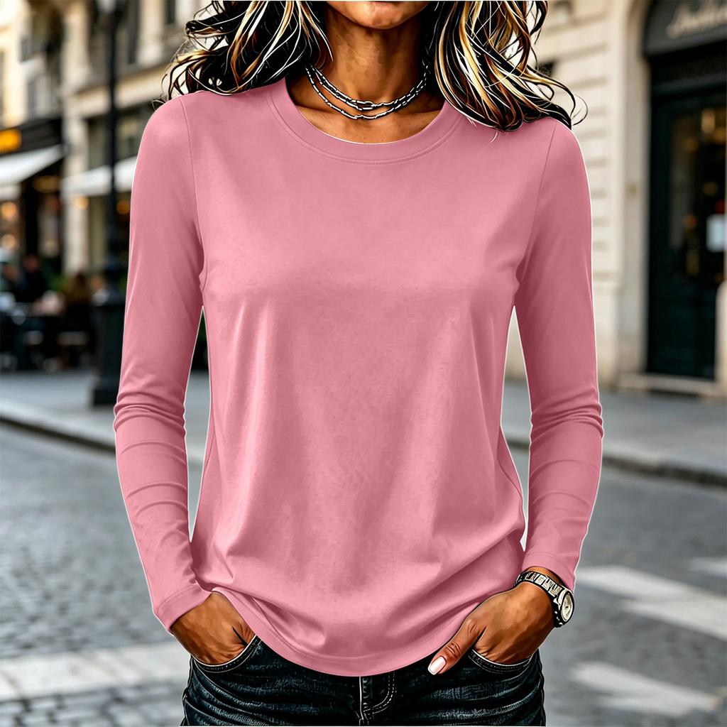 Women's Casual Long Sleeve Solid Color Crew Neck Shirt Lightweight Soft Fabric Relaxed Fit Everyday Wear