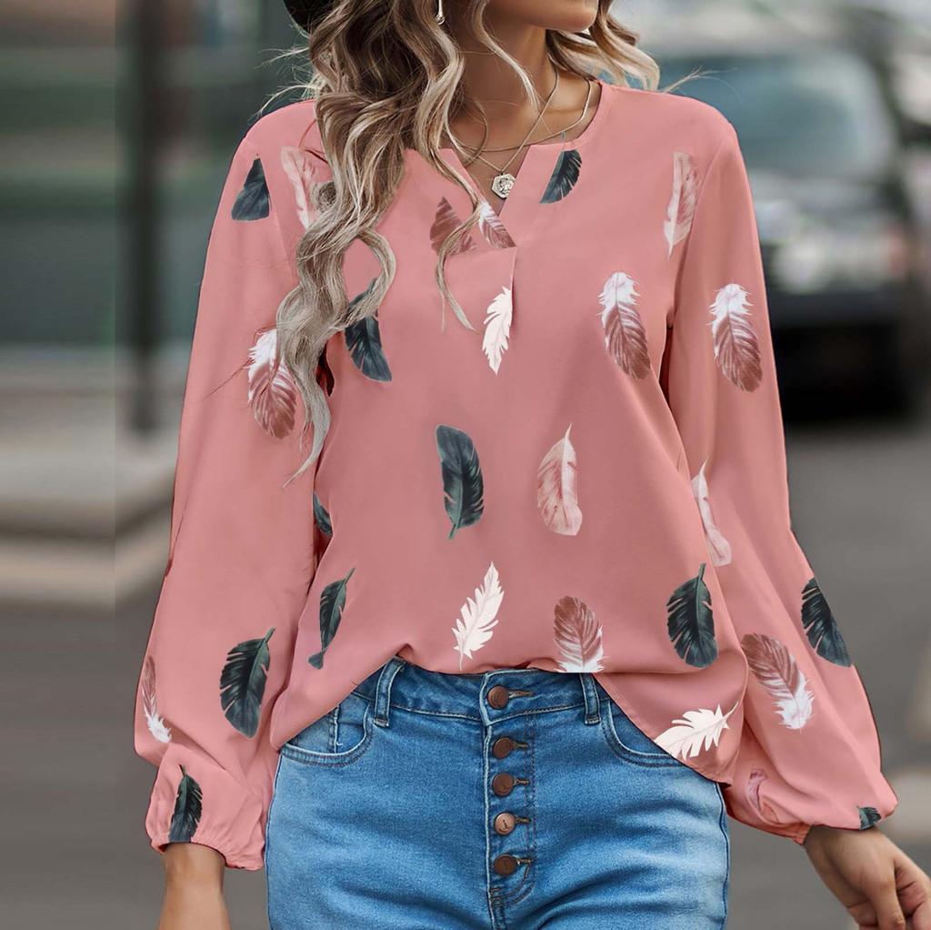 Ladies Fashion New Feather Print Notched Neck  Sleeve Blouse Long Sleeve Tops