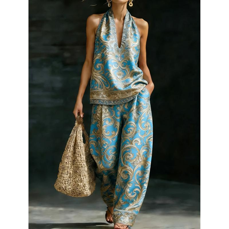 1116 set European and American women's clothing printed neck V-neck sleeveless casual pants set