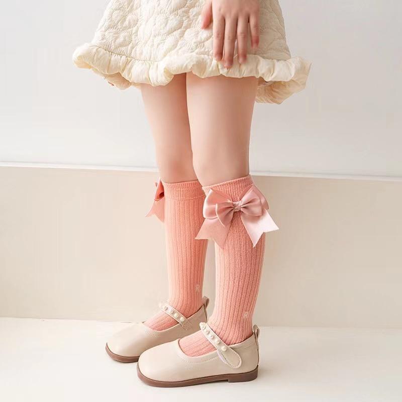 

Носки для девочек с жемчужным большим бантом, милые носки принцессы из телячьей кожи, детские носки из чесаного хлопка, для малышей и младенцев, до колена one size арбуз красный