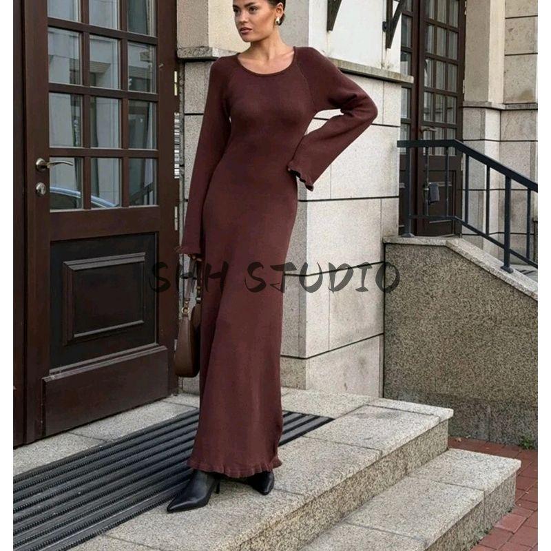 Spring New Women's Clothing French Style Casual round Neck Long Sleeves High Waist A- line Knitting Mid Length Long Length Mini Dress