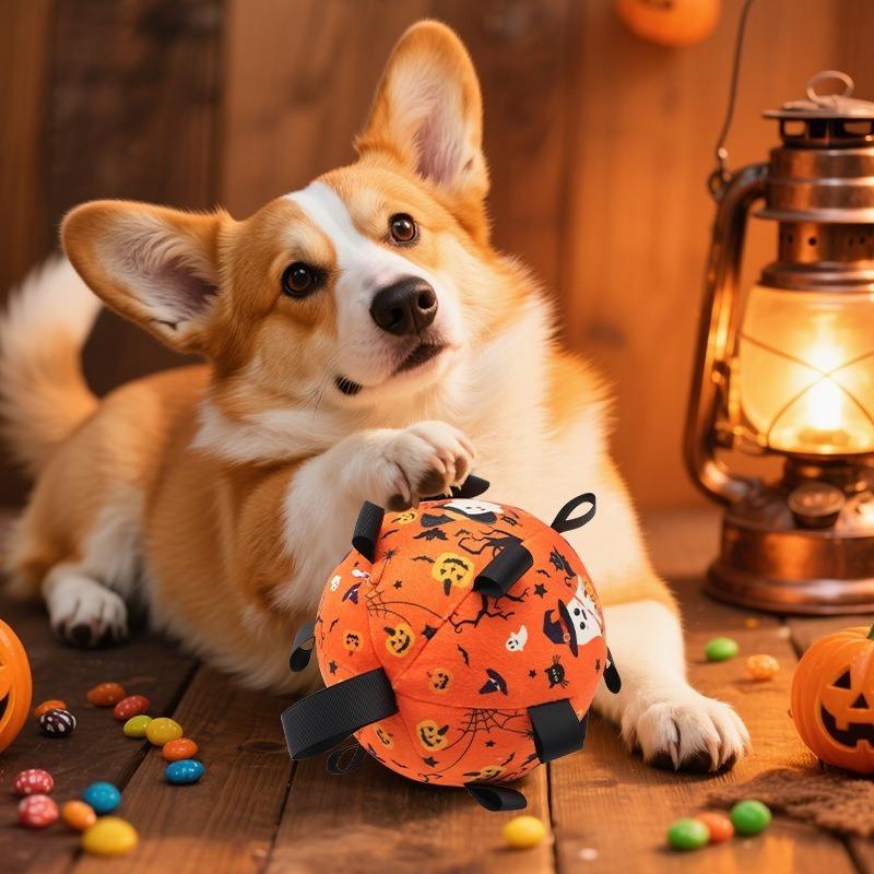 Halloween Hundespielzeug Bälle Elektrisch Interaktiv Eingebaute Glocke Plüschspielzeugball für Hunde Bissfestes Kauspielzeug mit Quietscher Haustierprodukt