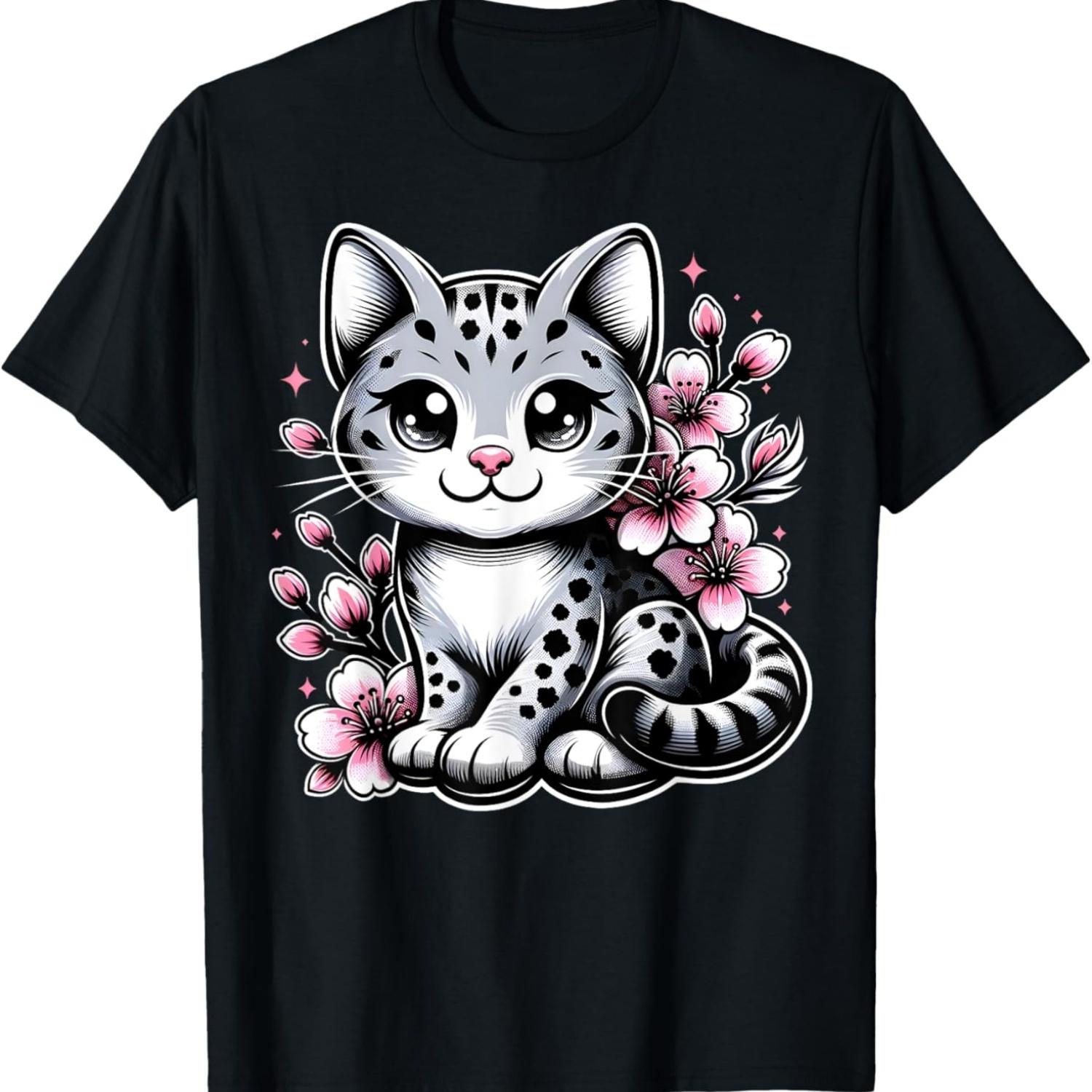Cute Cat With Cherry Blossom, Kawaii Kitten T-Shirt S чёрный
