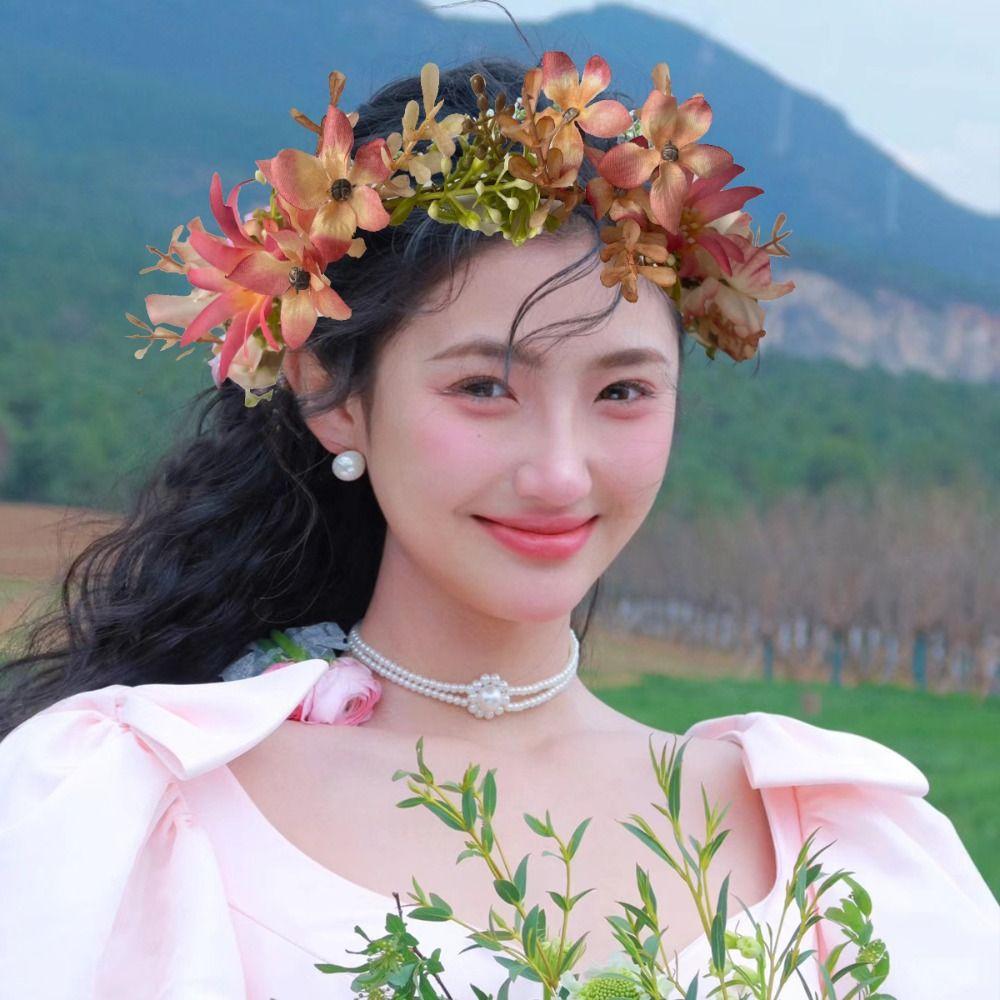 Colorful Artificial Flower Wreath Headband Realistic Spring Headpiece Bride Flower Crown  Holiday