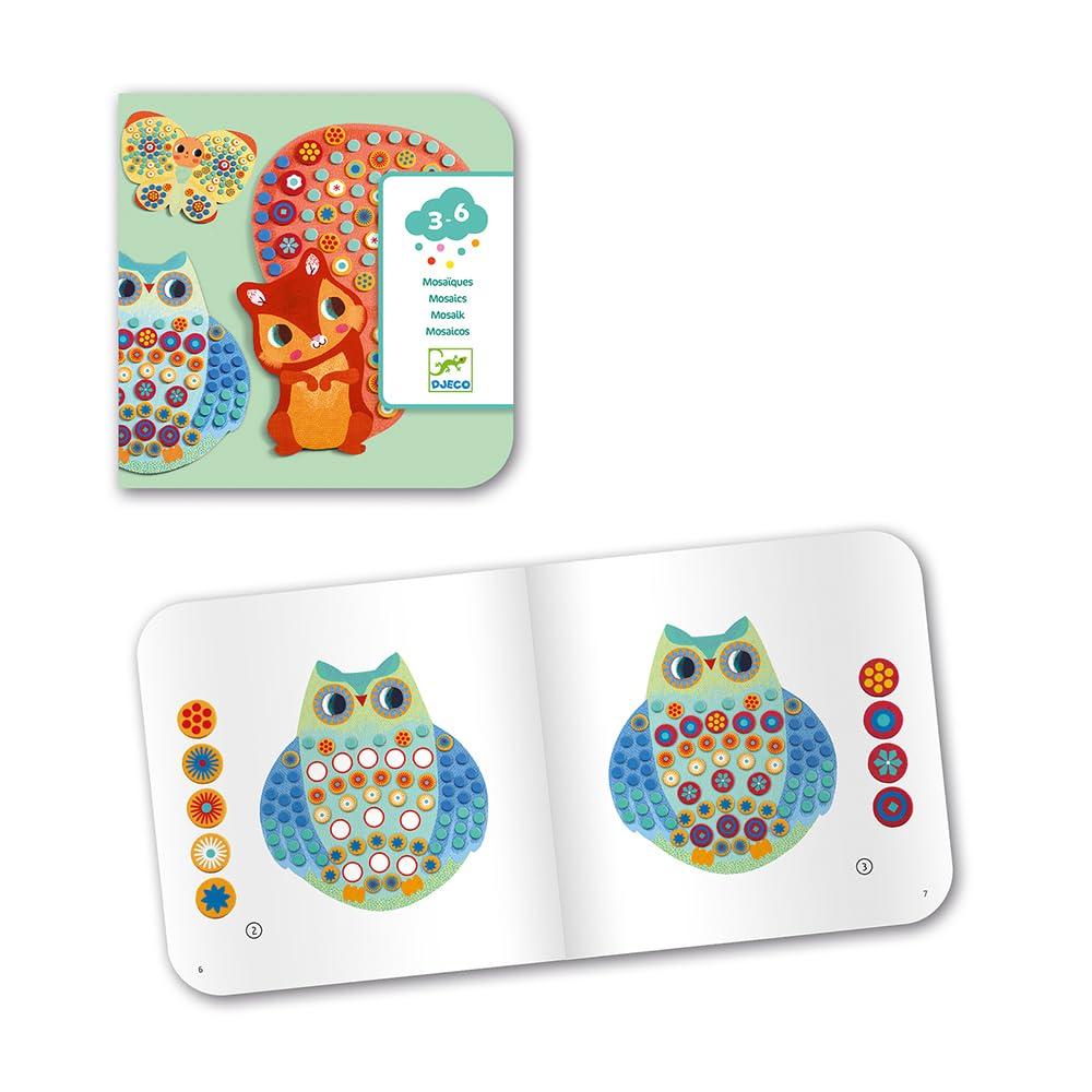 DJECO Mosaic Cute Animal Sticker Craft Mosaic Art Animal Educational Montessori Toy for Ages and Boys and Gift for Sports and Long Autumn Nights Kit,