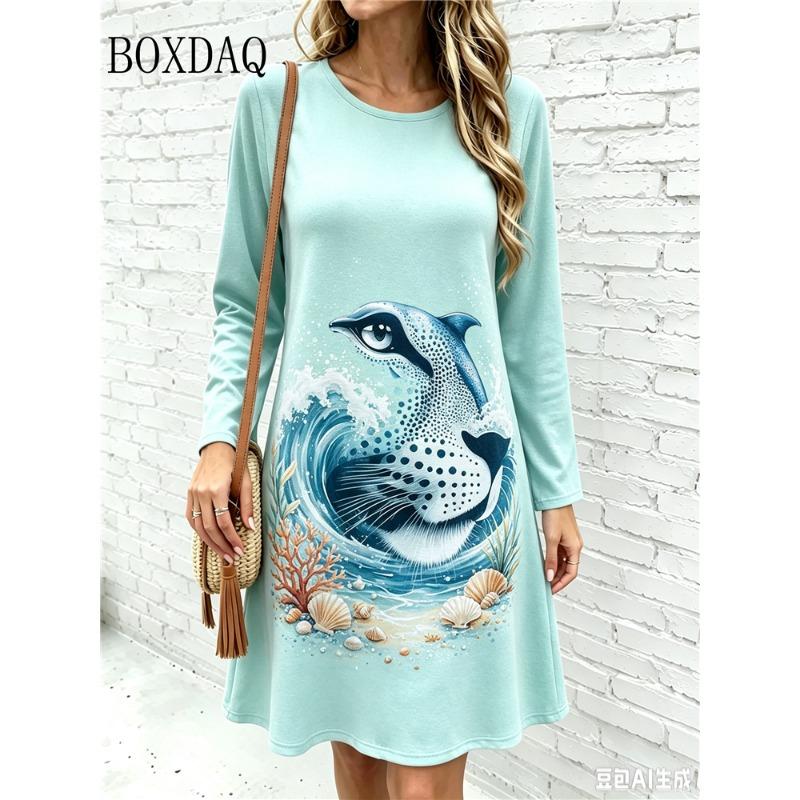 2026 Women's Fashion Dresses Women's Polka Dot Leopard Print Dress Loose Pullovers Casual Autumn Long Sleeve Home A-Line Dress