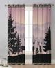 Hölzerne Waldsilhouette Hirsch Tier Sonnenuntergang Transparente Vorhänge für Wohnzimmerdekor Fenstervorhänge Küche Tüll Voile Vorhänge