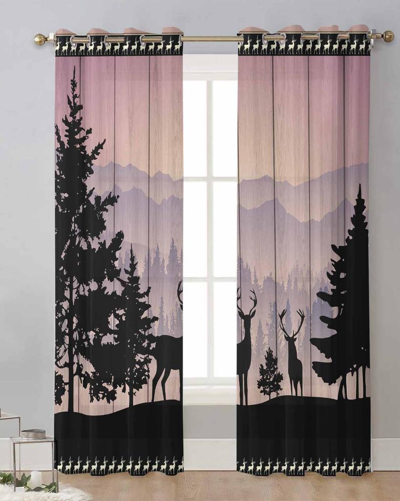 Hölzerne Waldsilhouette Hirsch Tier Sonnenuntergang Transparente Vorhänge für Wohnzimmerdekor Fenstervorhänge Küche Tüll Voile Vorhänge