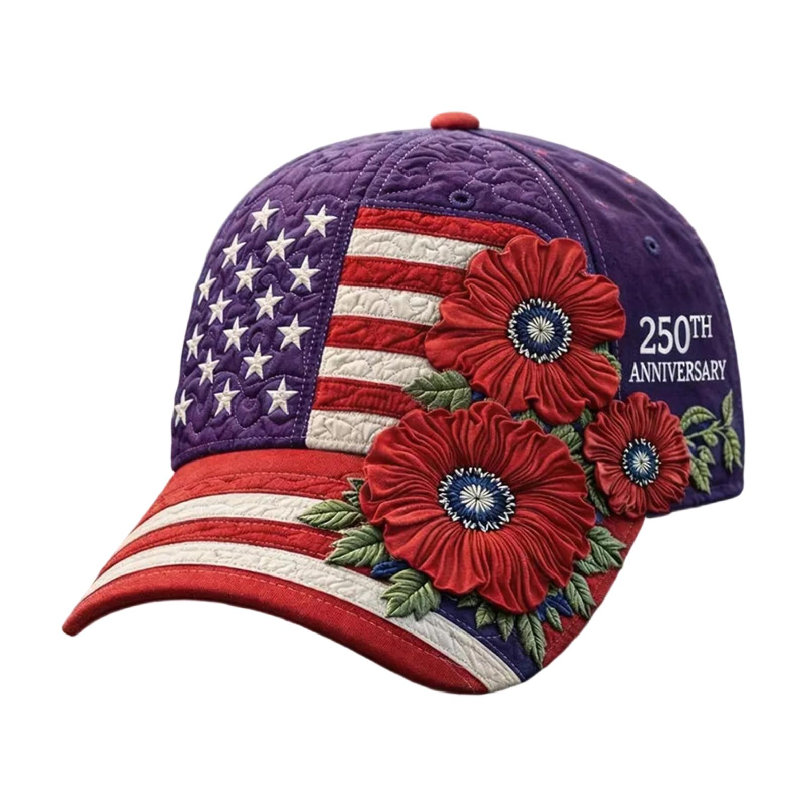 

250th Anniversary Baseball Cap with 3D Embroidered Floral and Flag Pattern Adjustable Visor Structured Hat for Outdoor Activities One Size фіолетовий