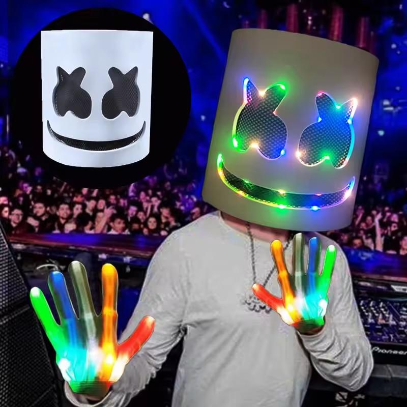 Led Light Up Mask and Gloves DJ Marshmello Head Helmet Light Up Cosplay Head Cover for Men Women Music Festival Halloween Props