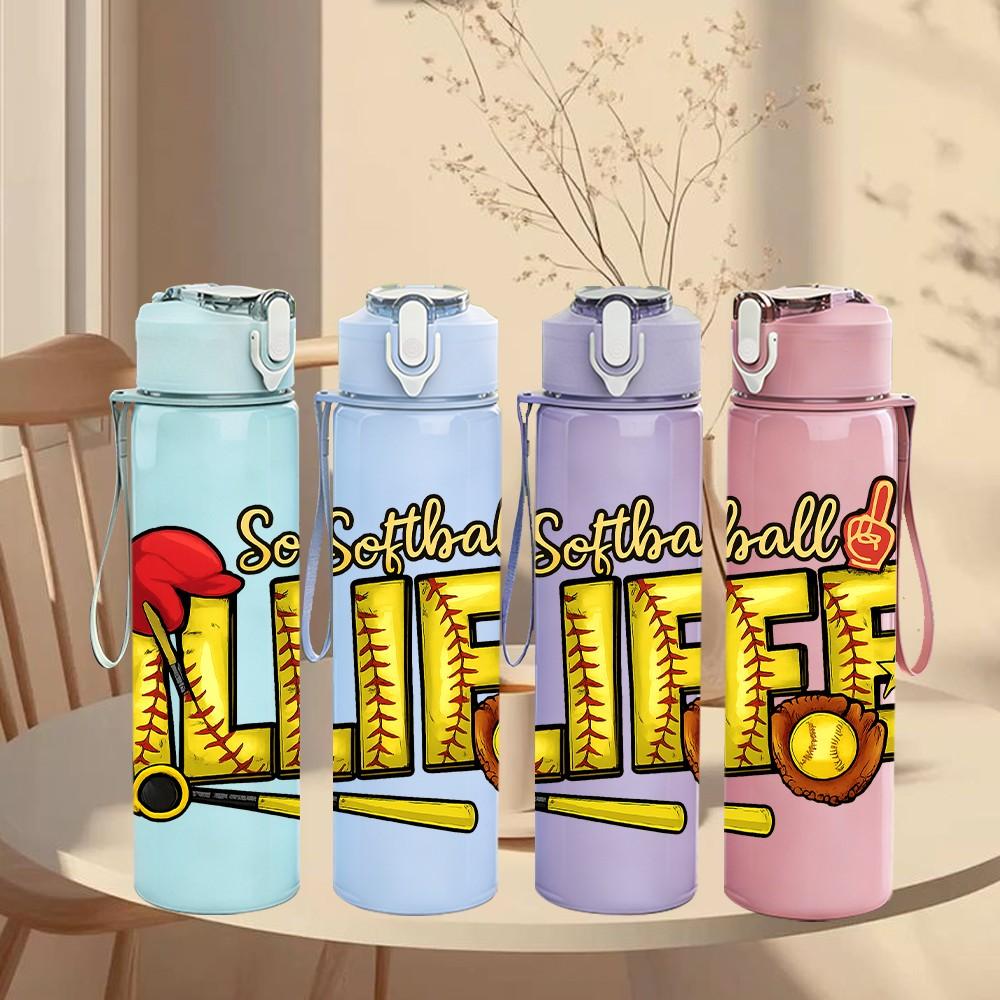 1PC Softball Life Bat Text 750ml Color Plastic Sports Water Bottle Leakproof Flip Straw Lid Suitable for Sports Office Home Use