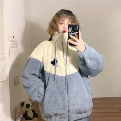 Zimowe bluzy damskie aksamitna patchworkowa zapinana na zamek z długim rękawem wełna jagnięca ponadgabarytowe płaszcze polarowe Casual koreański ciepły biały bluza