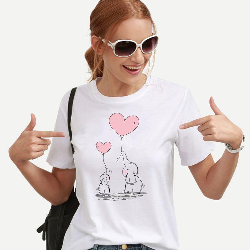 Kawaii Cute Elephant Balloon Print Women T Shirt 2025 Summer Funny Short Sleeve T-Shirt Casual Tops Tshirts