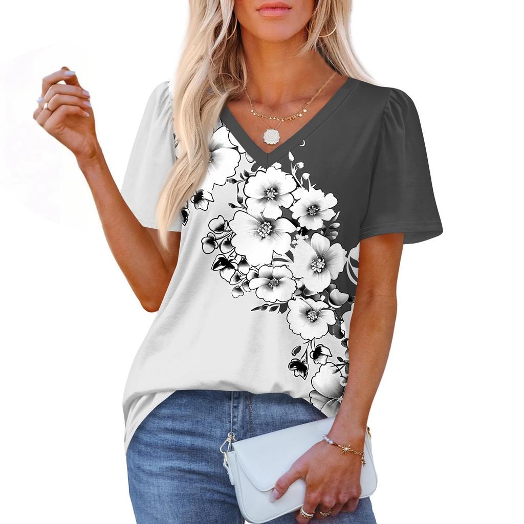 Women's Fashionable Casual Short Sleeve Print V-Neck Pullover Top