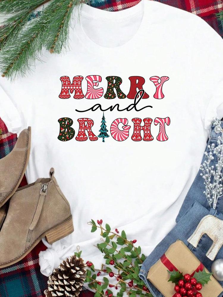 (Asian Size) Tee New Year Holiday tree cute 90s Merry Christmas Top festival Casual Women Print Lady Short Sleeve Fashion Graphic T-shirts