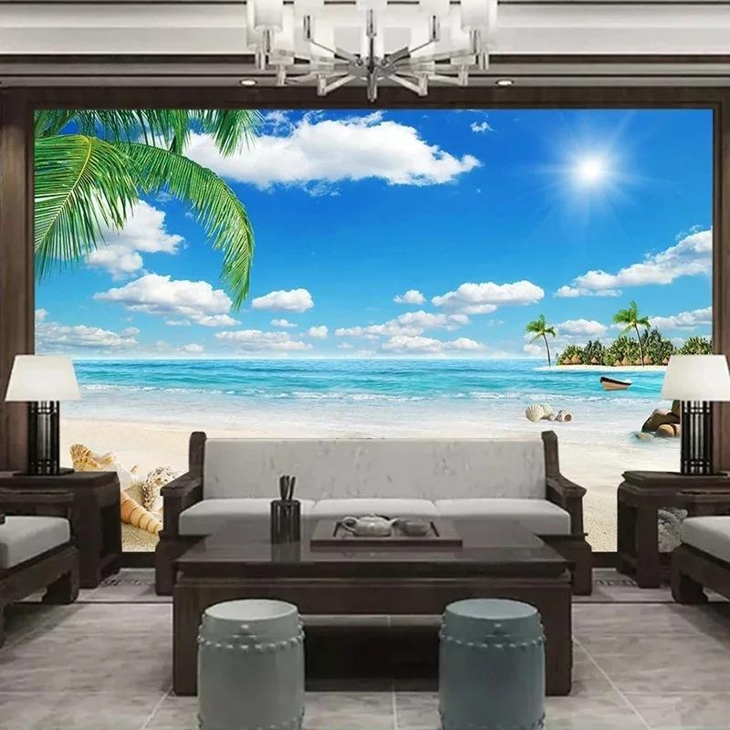 Blue Sky Mural Beach Coconut Tree Wallpaper Seaview 3d Fresco Living Room Tv Sofa Bedroom Hotel Background 3d Wall Papers