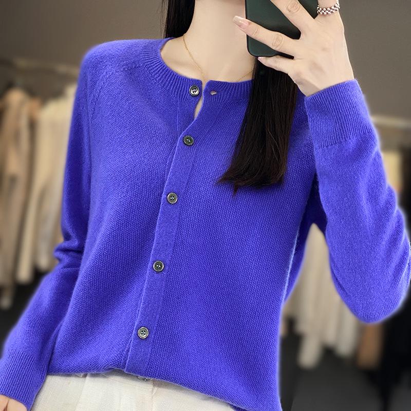 Korean Style Loose Wool Cardigan for Women - 100% Pure Wool, Fine Knit, Round Neck Sweater