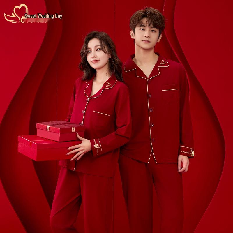 Joyful Together: Romantic Red Cotton Couple Pajamas - Wedding Festive, Comfortable and Long-Lasting.