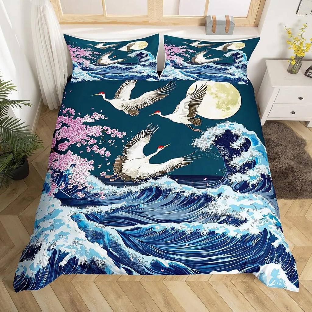 3D Japanese Wave Print Duvet Cover Set, Soft Microfiber Vintage Ukiyo-e Bedding Set With Pillowcases