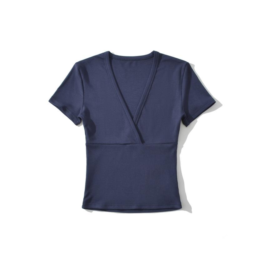 Cross Deep V-neck Short-sleeved T-shirt Women's Summer New American Spice Girl Style Solid Color Thin Short Bottoming Top