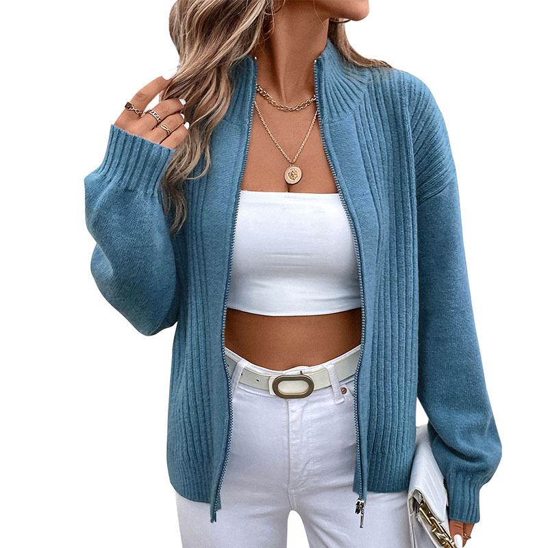 European-American Autumn/Winter Casual Solid Stand-Up Collar Cardigan Sweater