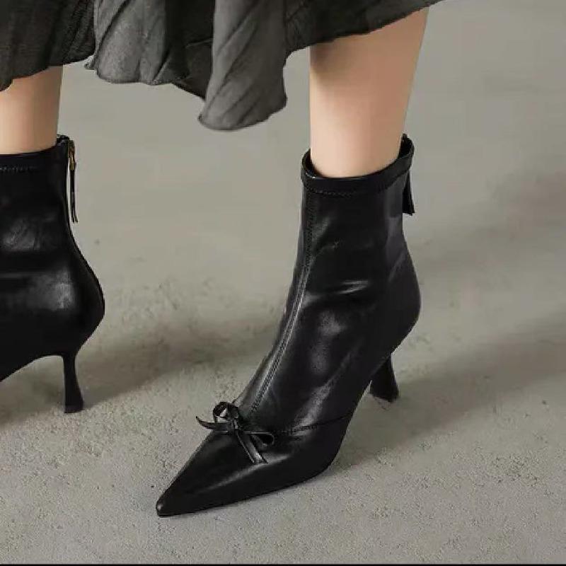 New Style Fashion Women High Heel Short Leather Boots Female Pointed Thin Heel Boots Ladies Ankle Short Boots  Mujer