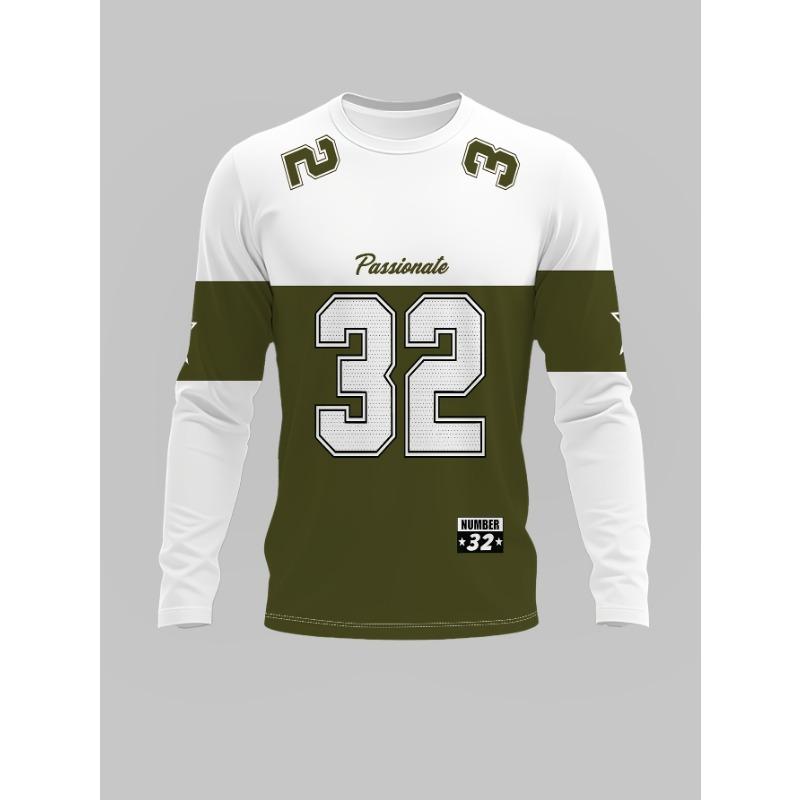 Patchwork Number 32 Letter Star Print Long Sleeve T-Shirt, American Sporty Casual Top