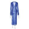 Women V Neck Outfits Elegant Mesh Tie Up Ruffle Holiday Sexy See Through Maxi Dress