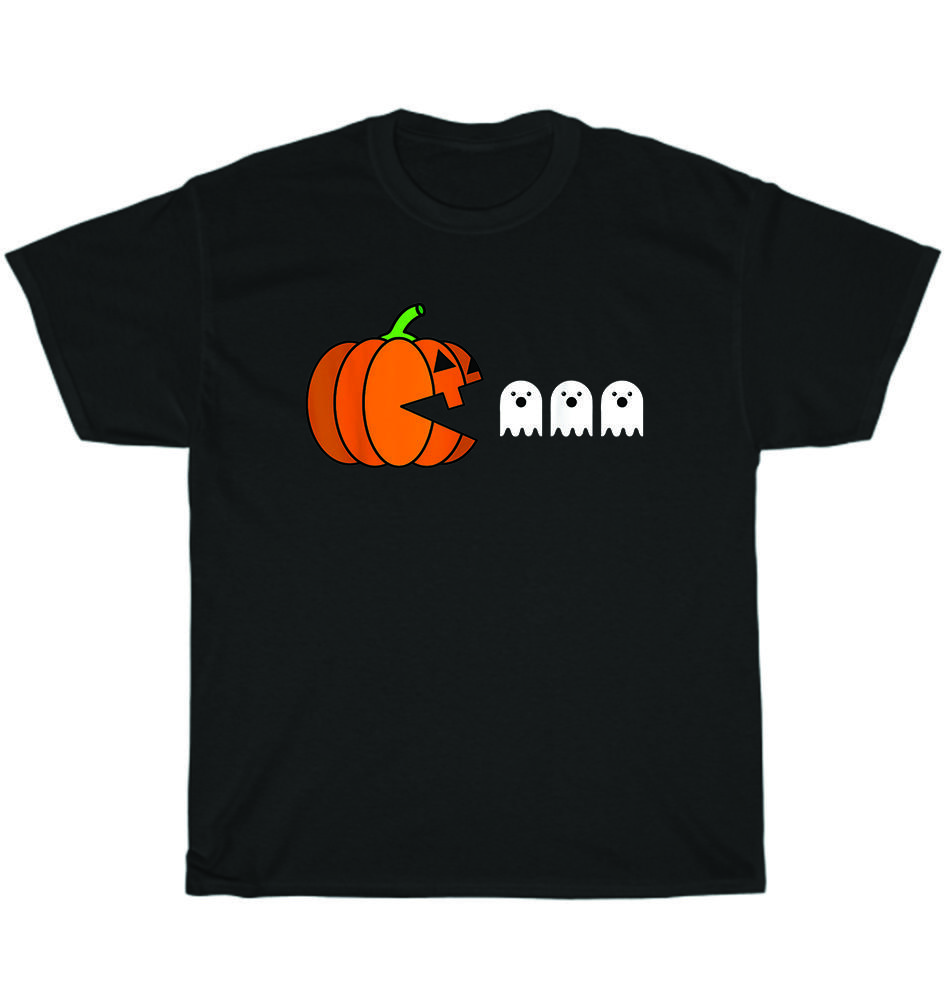 

Funny Halloween Party Pumpkin Eating Ghost Gamer Gaming T-Shirt Unisex Tee Gift S