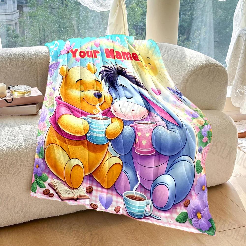 (Memo U Name)1PC Personalized Custom Name Blanket Winnie the Pooh Printed for Sofa Bed Travel Camping Cover Blankets for Gifts