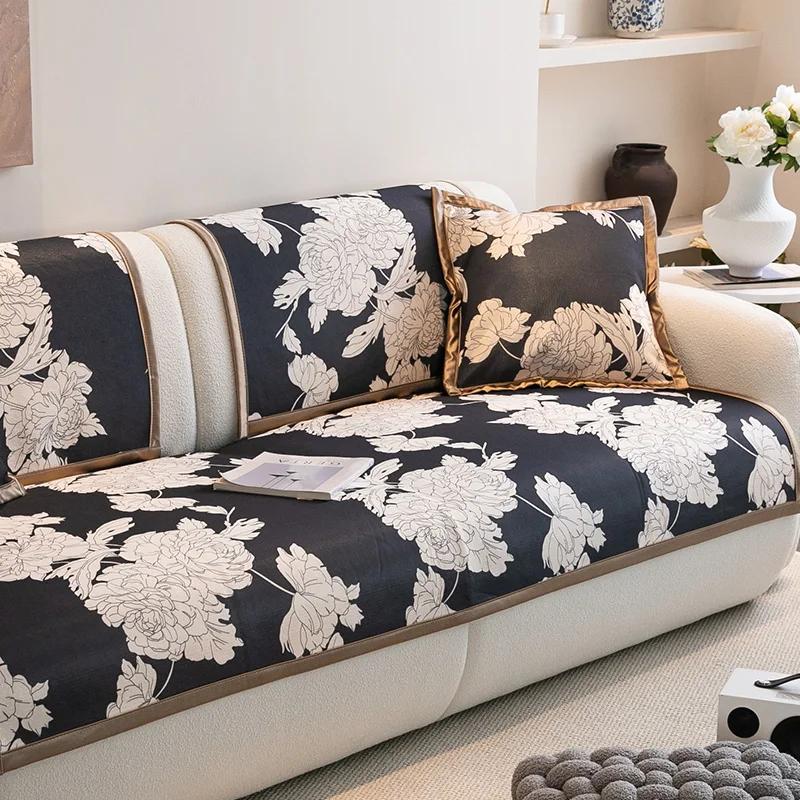 Non-Slip Cool Sofa Cover Ice Silk Sofa Cushion American Style Printed Summer Cooling Living Room Sofa Cover Machine Washable