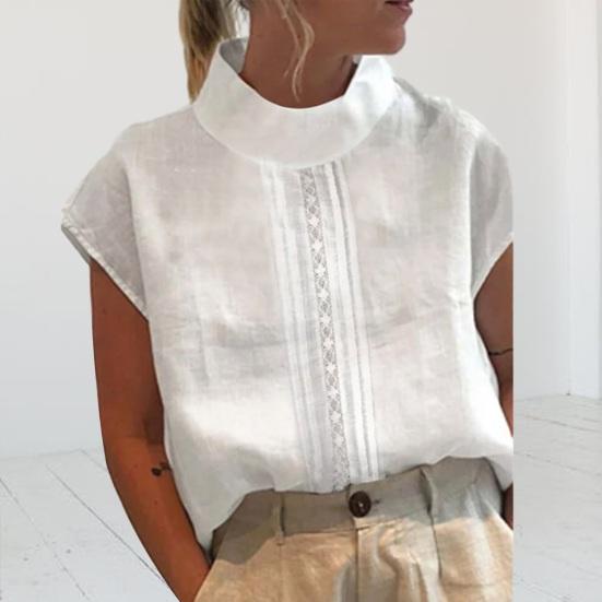 Stand-Neck Short Sleeve Retro Tops Hollow Out Lace Stitching Loose Fit Thin Women Solid Color Shirt Top Streetwear