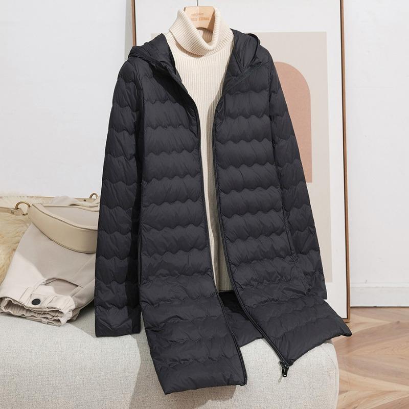 Autumn and Winter New Fashion Hooded Wavy Medium and Long Light Down Jacket Women's Zipper Jacket Warm Tide