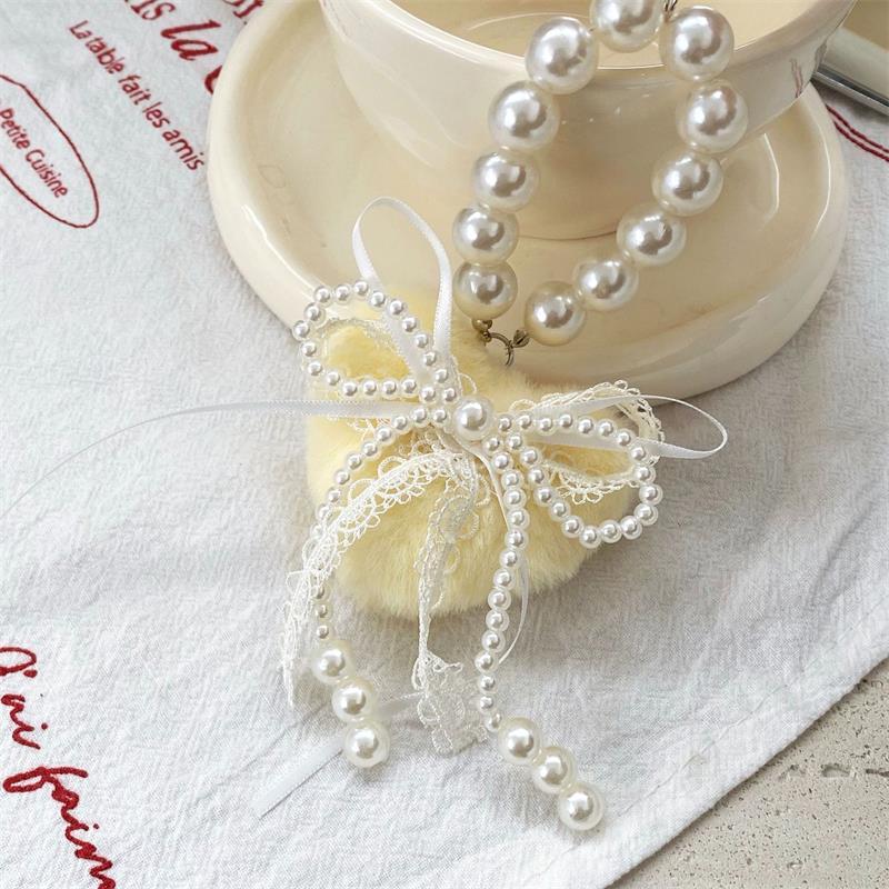 Cute Sweet Plush Heart Love Lace Bow Pearl Chain Keychain Pendants Backpack Charm Bag Hanging Ornaments Girly Phone Chain Gifts