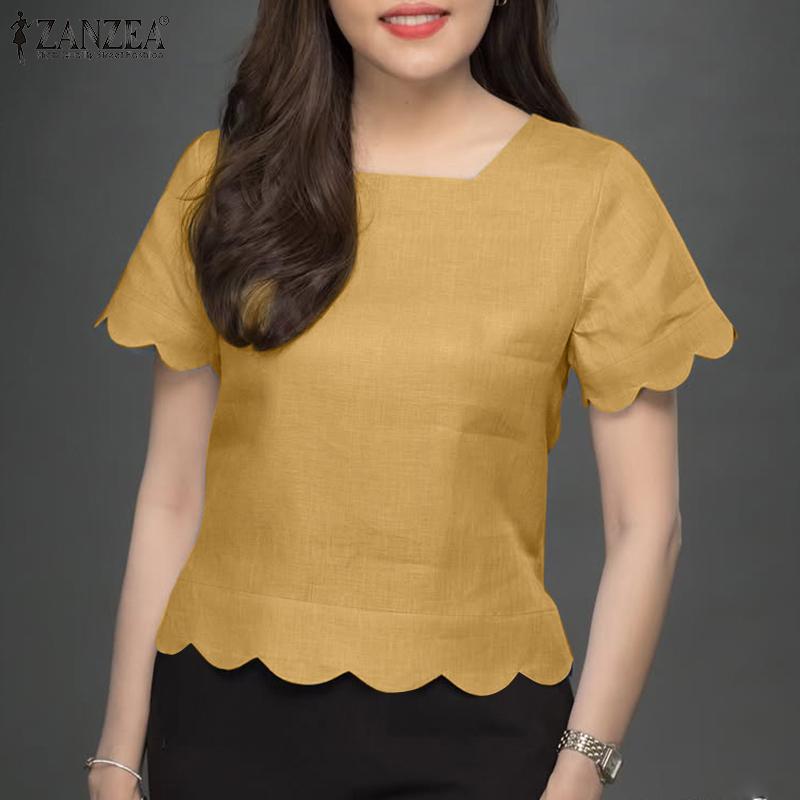 

ZANZEA Wome Casual Short Sleeve Side Zipper Wavy Edge Summer Blouse S жёлтый