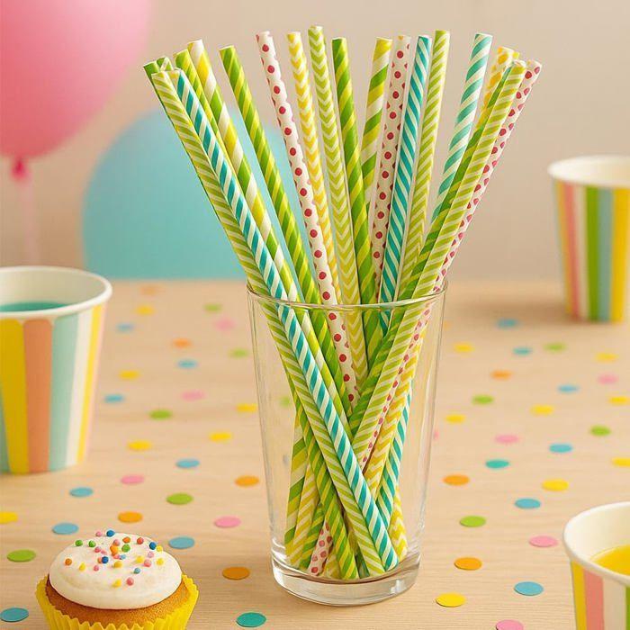 Lot de 50 Pailles en papier rayées multicolores pour Fête, anniversaire, cocktail - Taille 20 cm