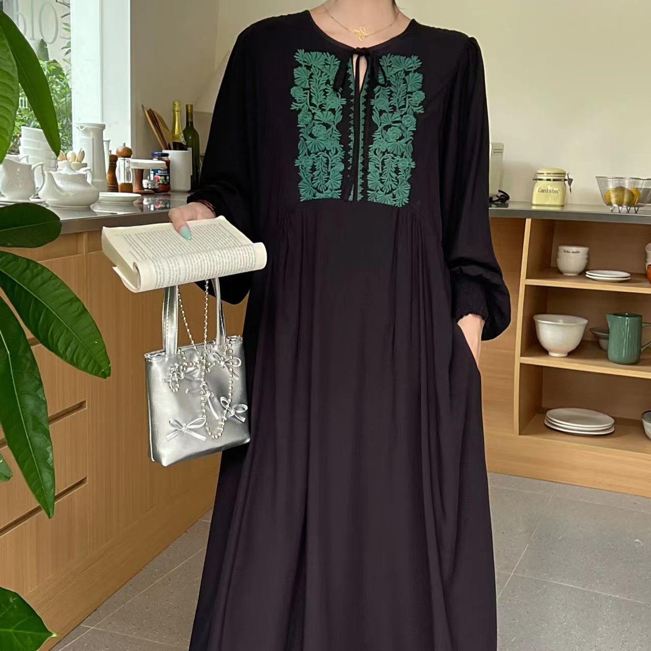 

Летнее винтажное свободное длинное платье с круглым вырезом и длинными рукавами, вышитое платье One Size