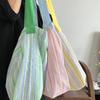 Pleated Striped Contrasting Shoulder Bag Fresh All-matching Large-capacity Canvas Student Class Ins Women's