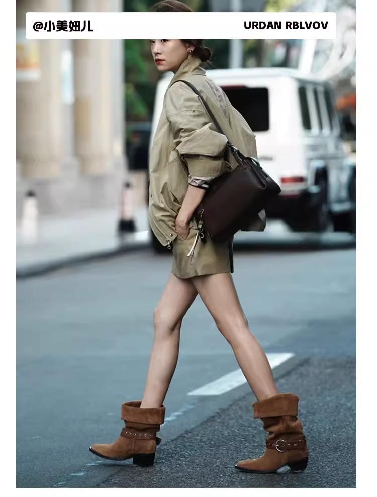 Square Gun Same Knight Boots Women's 2025 Autumn and Winter New Northwest Wind Stacking Boots Retro Pointed Skinny Stacking Boots