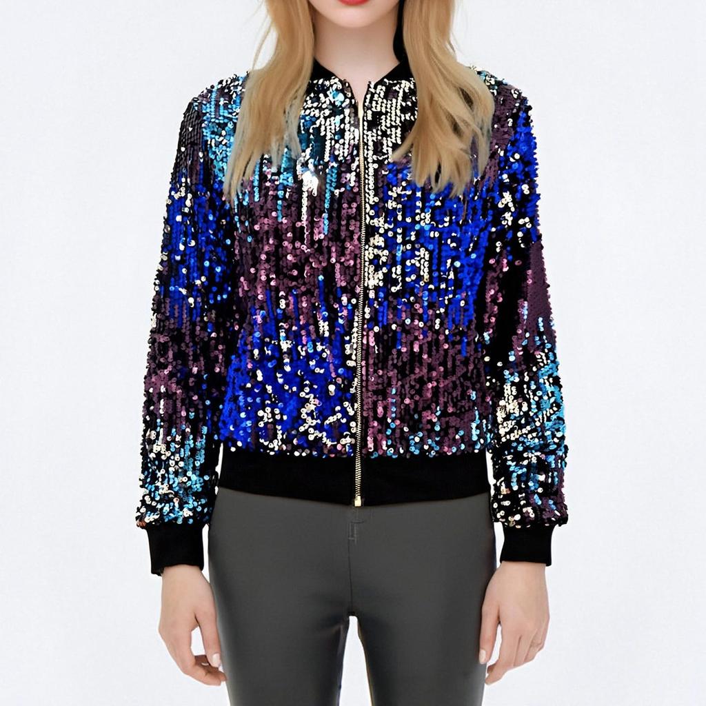 Women's Fashionable Stand Up Collar Long Sleeved Sequined Concert Short Zipper Jacket
